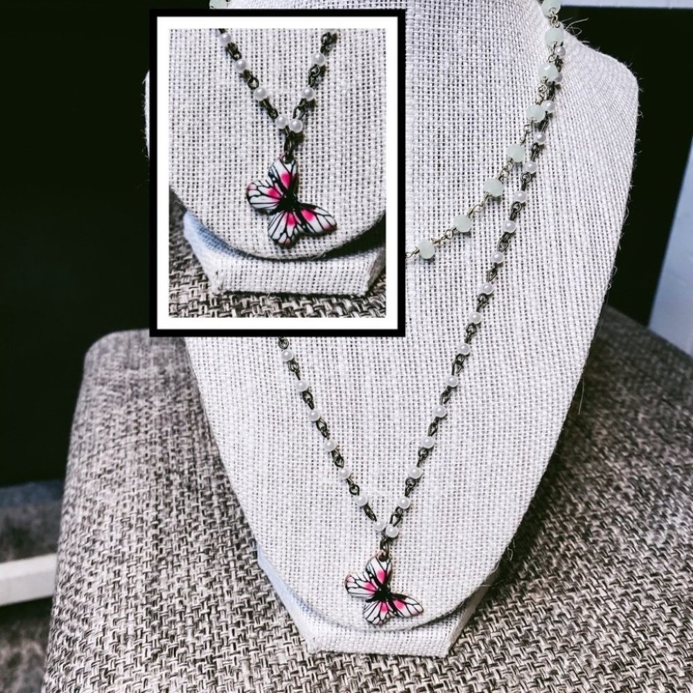 pearl & brass chain necklace with pink and white butterfly charm